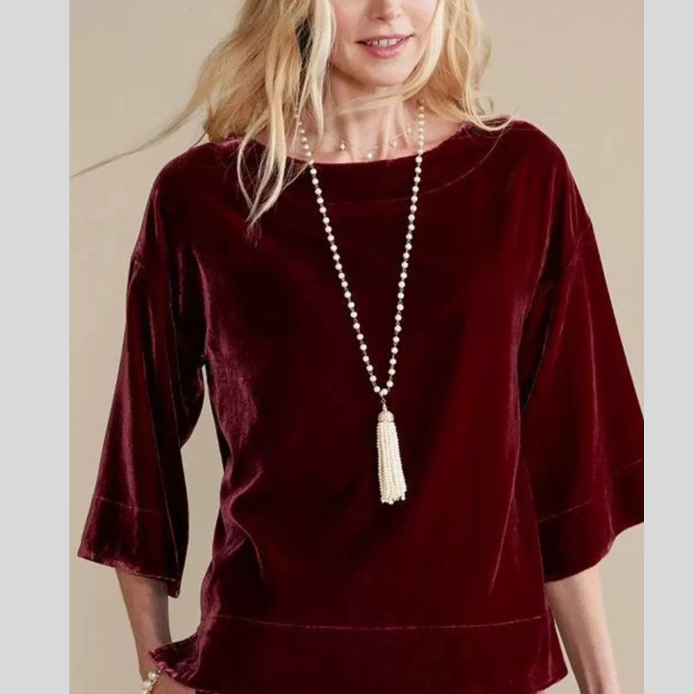 Velvet Boat-Neck T-Shirt with Three-Quarter Sleeves