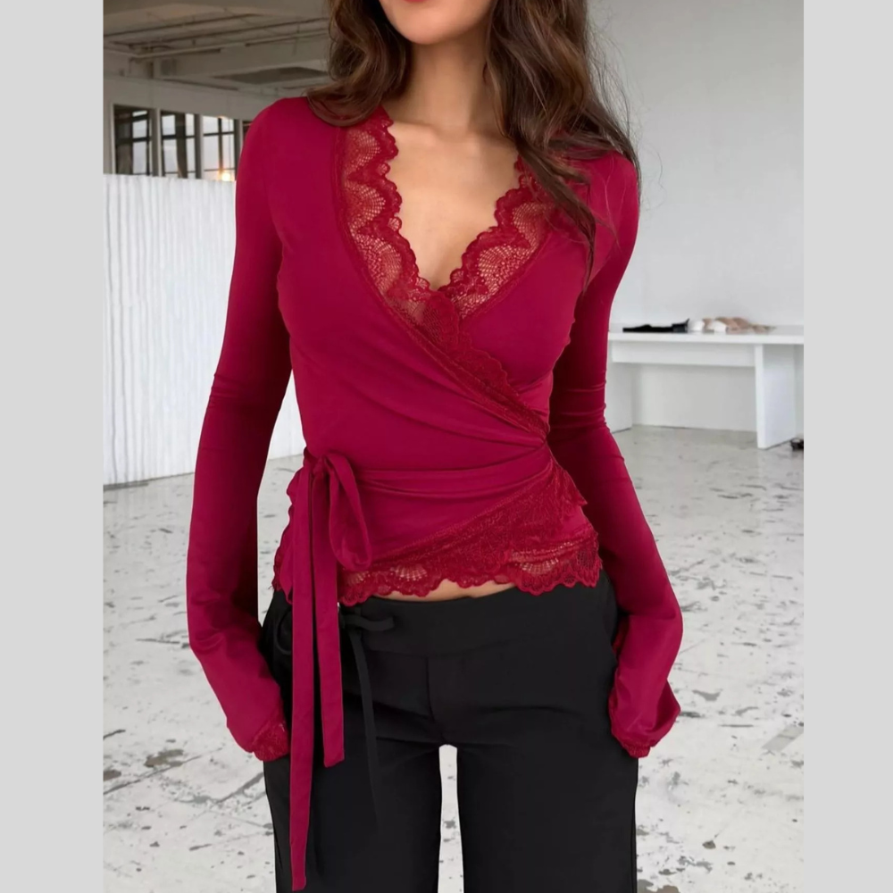 Lace-Trimmed Long Sleeve Wrap T-Shirt