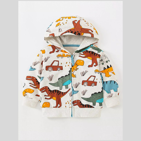 Children's Dinosaur & Car Print Zip-Up Hooded Jacket