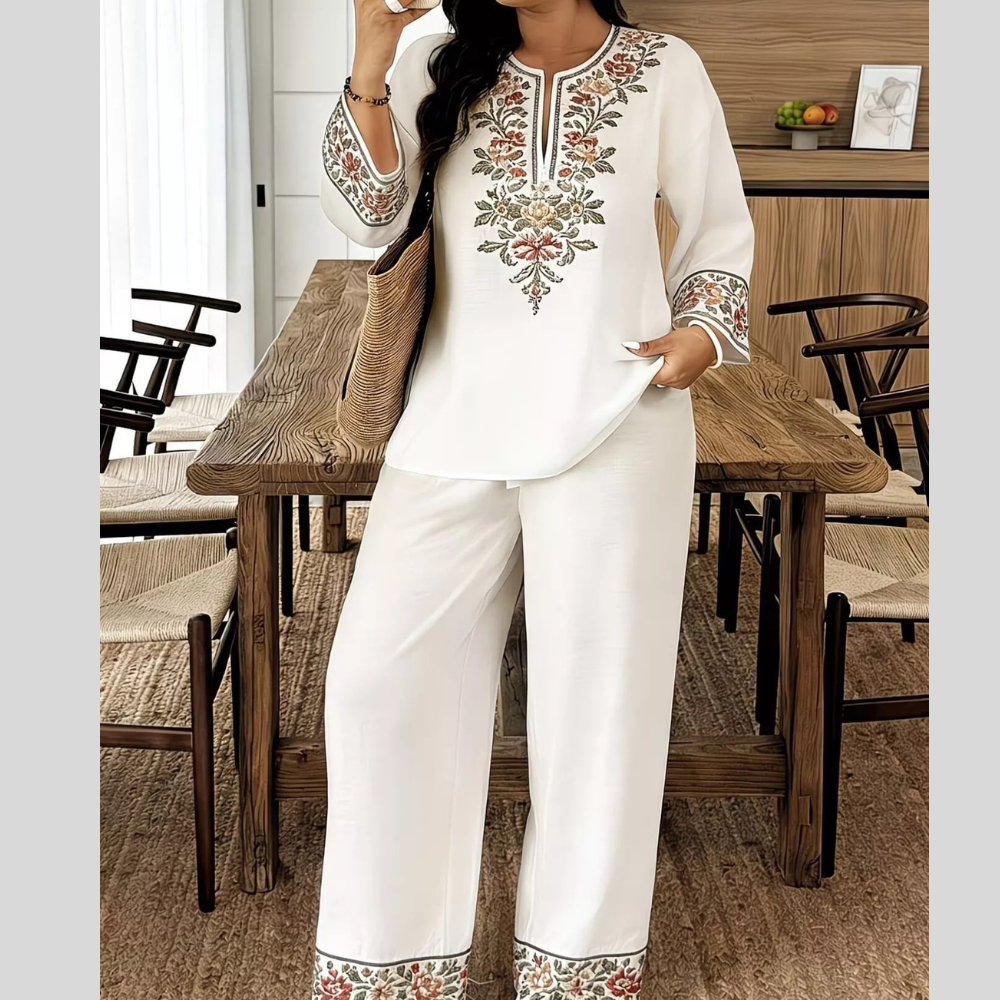 Full Size Embroidered Long Sleeve Top and Pants Set Plus Size
