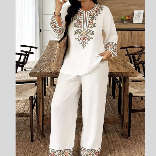 Full Size Embroidered Long Sleeve Top and Pants Set Plus Size