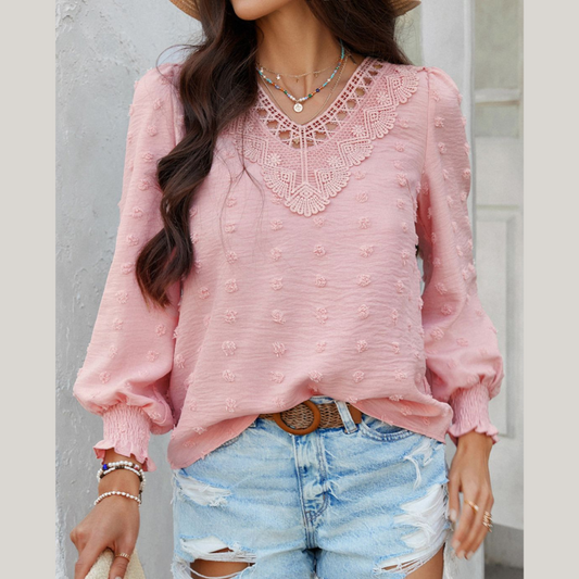 Devine Swiss Dot Lace Detail V-Neck Long Sleeve Blouse