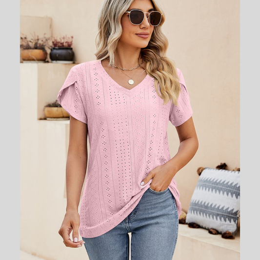 Eyelet Petal Sleeve V-Neck Knit Top