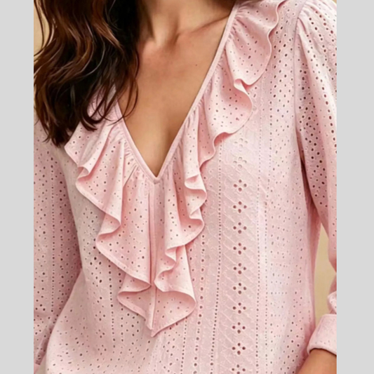 Eyelet Ruffle V-Neck Blouse