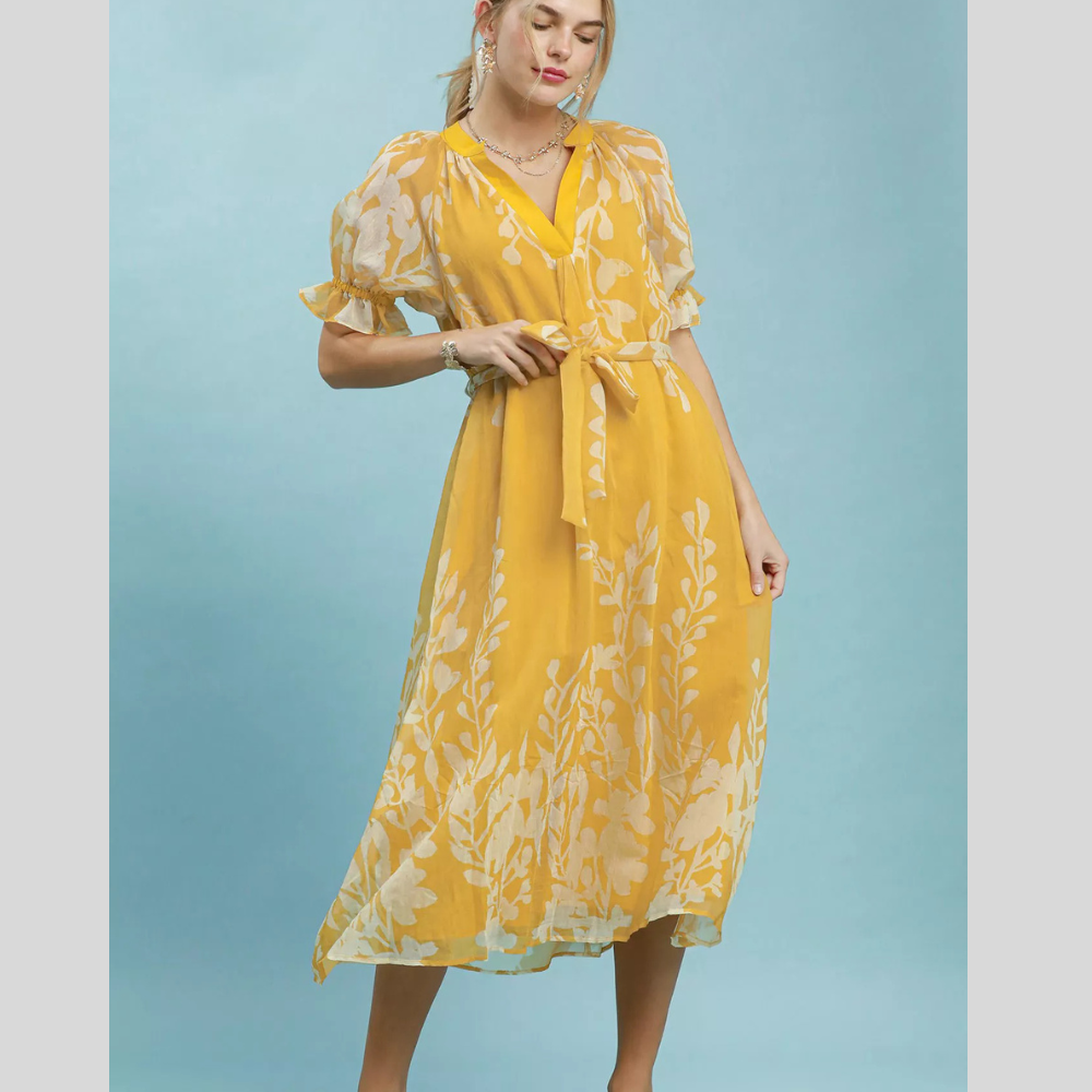 Umgee Floral Print Tie Waist Midi Dress with Side Pockets