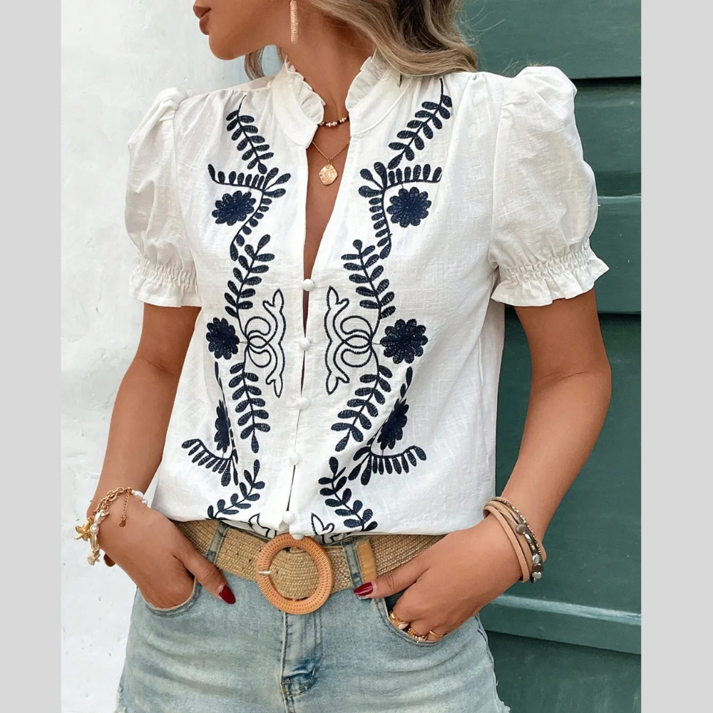 Embroidered Frill Notched Short Sleeve Blouse