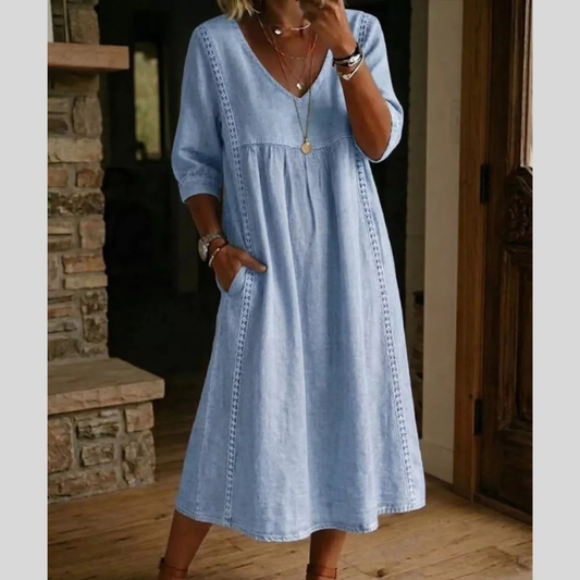 Full Size V-Neck 3/4 Sleeve Midi Dress Plus Size