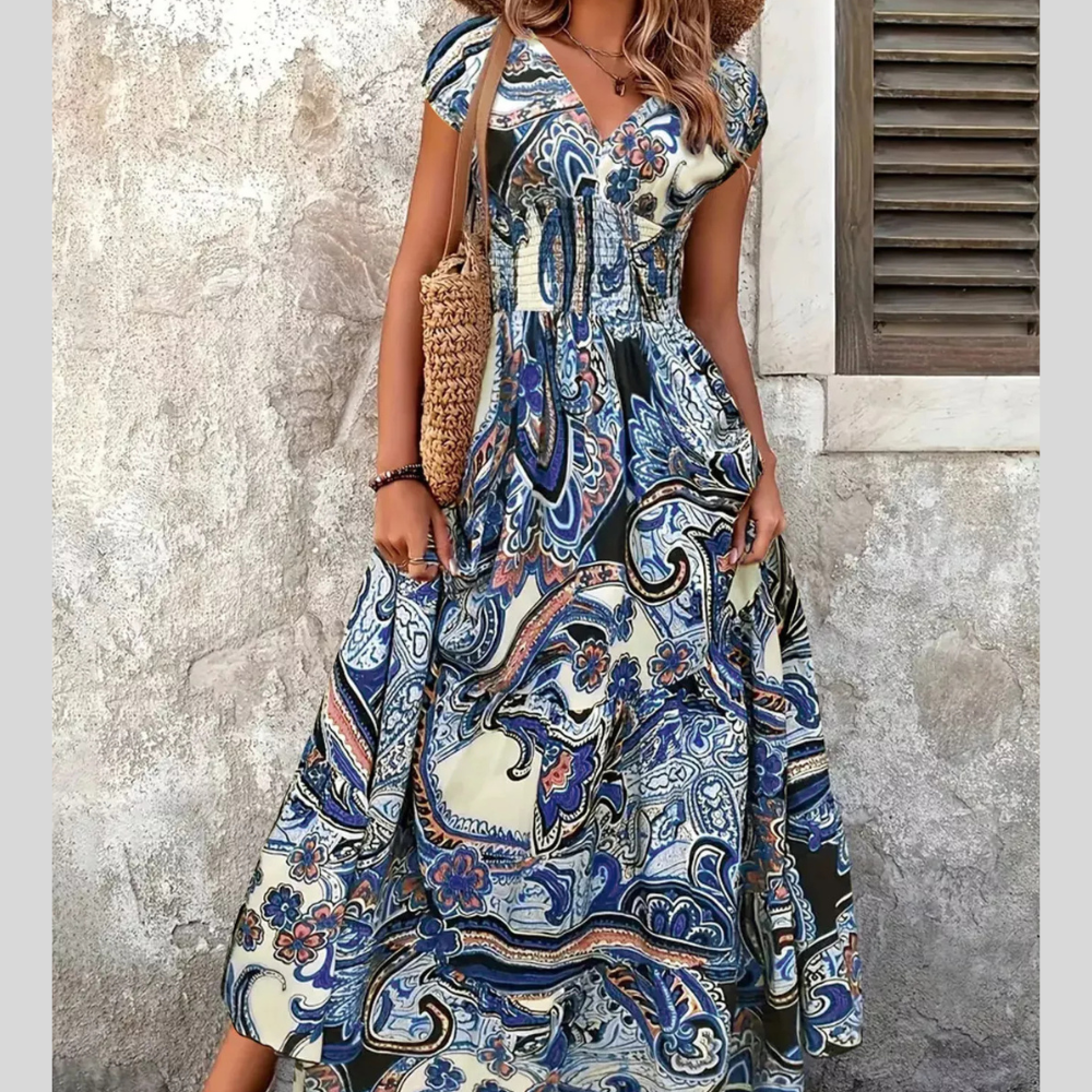 Printed V-Neck Cap Sleeve Maxi Dress