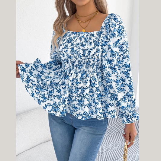 Floral Square Neck Flounce Sleeve Blouse