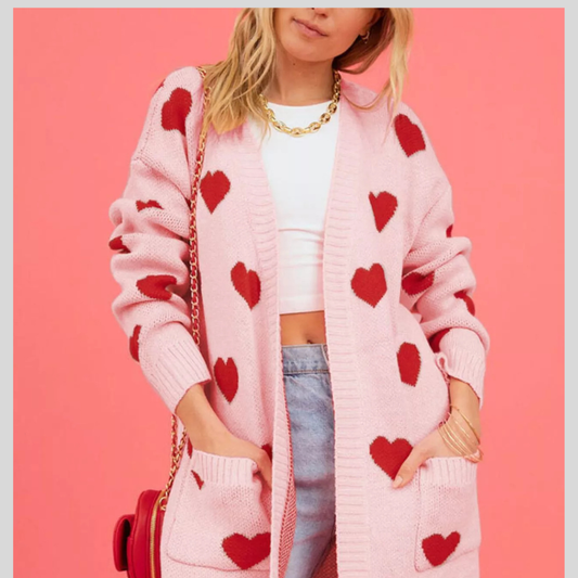 Heart Pattern Open Front Longline Cardigan