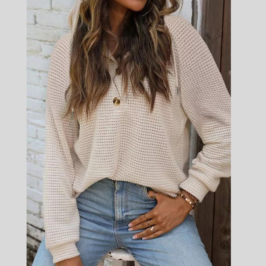 Waffle Knit Hooded Top with Drawstring