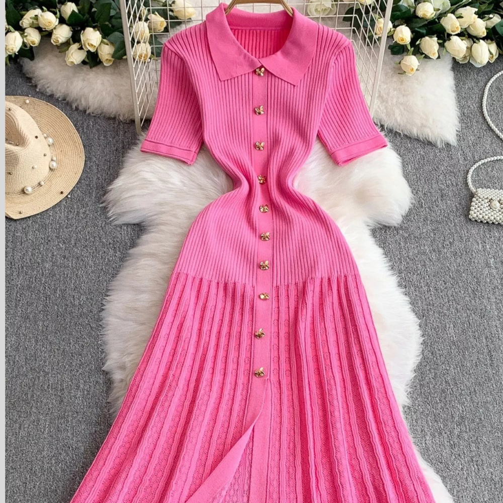Button Front Ribbed Knit Midi Dress