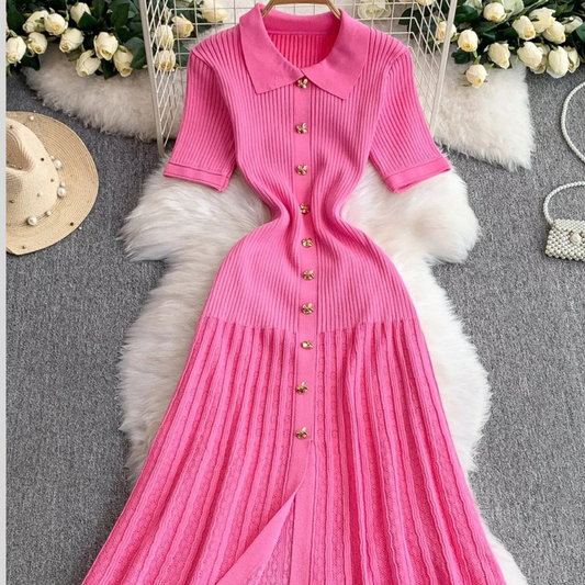 Button Front Ribbed Knit Midi Dress