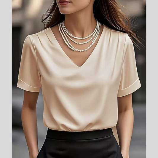 V-Neck Short Sleeve Satin Blouse