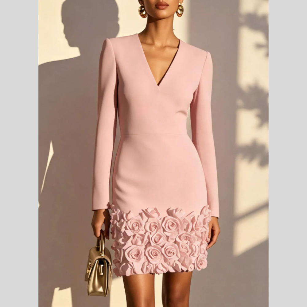 V-Neck Long Sleeve Mini Dress with 3D Rose Floral Hem