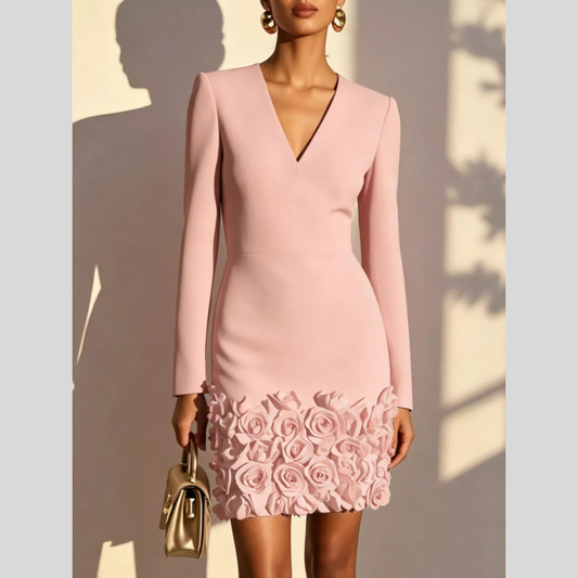V-Neck Long Sleeve Mini Dress with 3D Rose Floral Hem