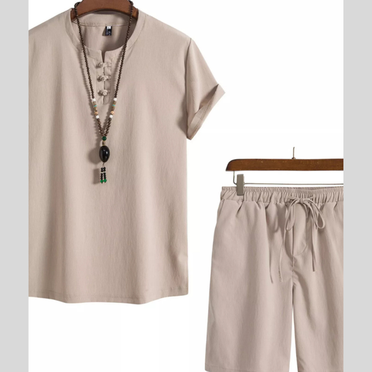 Men's Plus Size Mandarin Collar Short Sleeve Shirt and Shorts Set