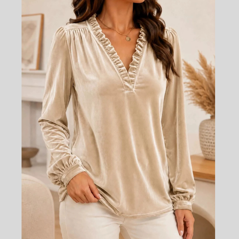 V-Neck Ruffle Trim Velvet Blouse