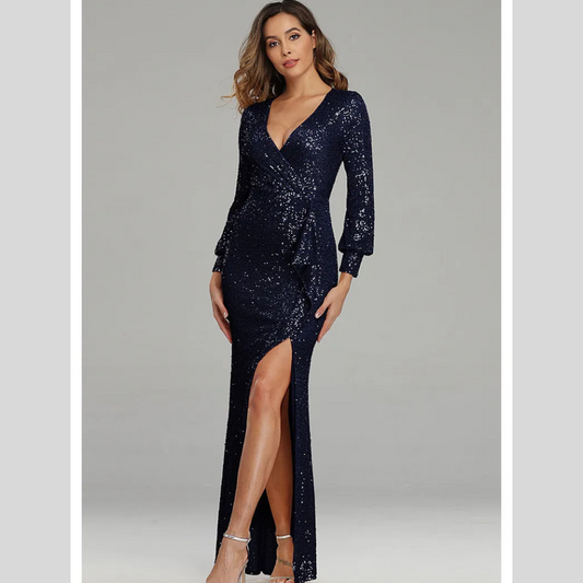 Fantasy Celebrity Sexy High Slit Long Sleeve Sequined Banquet Evening Dress Women