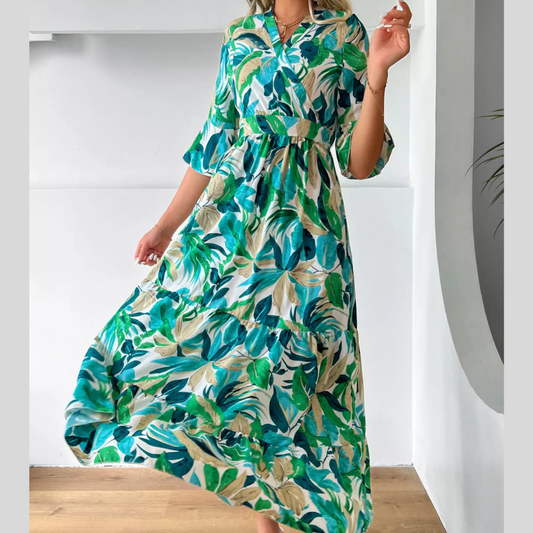 Tropical Leaf Print Half Sleeve Midi Dress