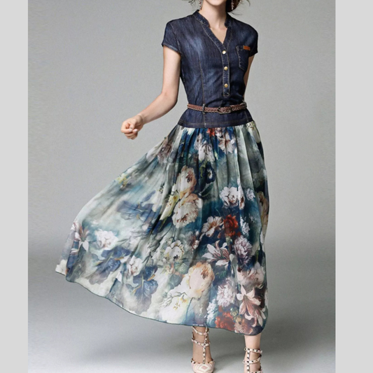 Full Size Patchwork Floral Print Chiffon Dress Plus Size