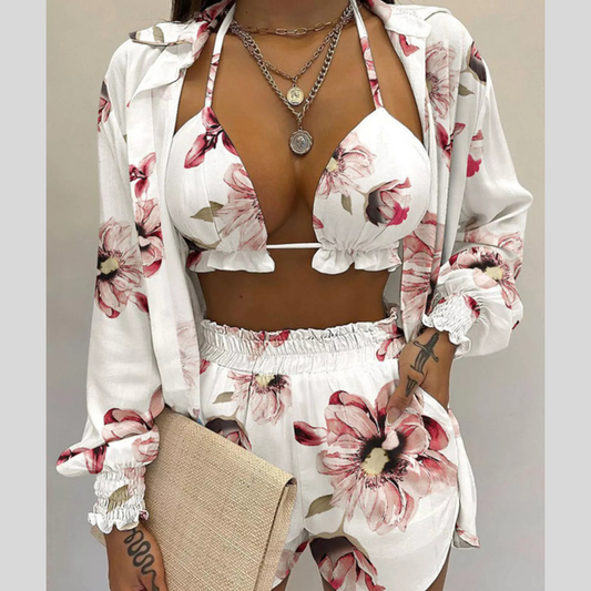 Full Size Halter Neck Cami & Shirt & Shorts 3-Piece Outfit Set Plus Size