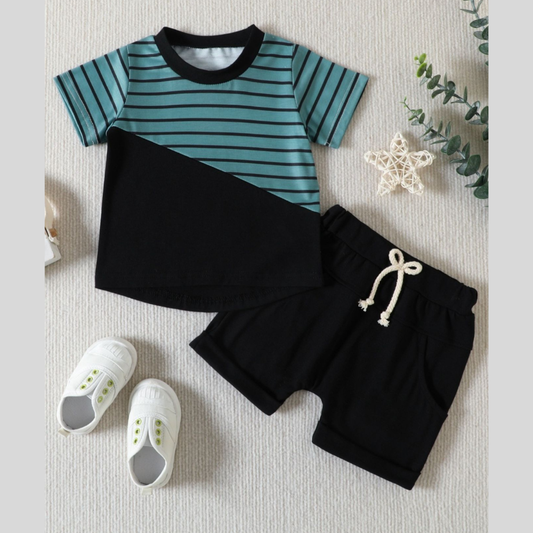 Children's Striped Color Block Casual Top and Shorts Set