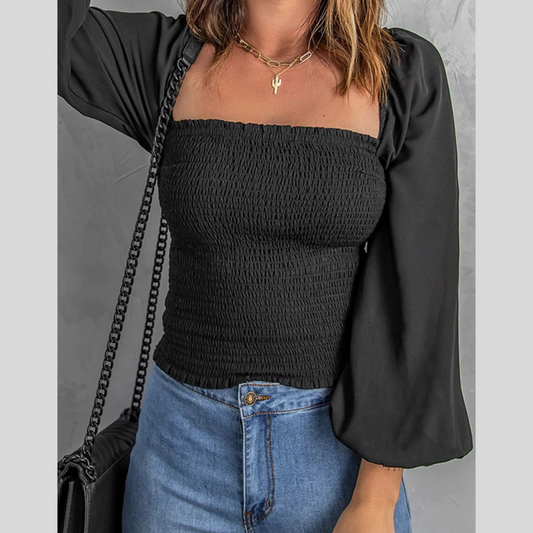 Smocked Square Neck Balloon Sleeve Blouse