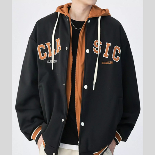Men's Plus Size Snap Down Long Sleeve Drawstring Hooded Jacket