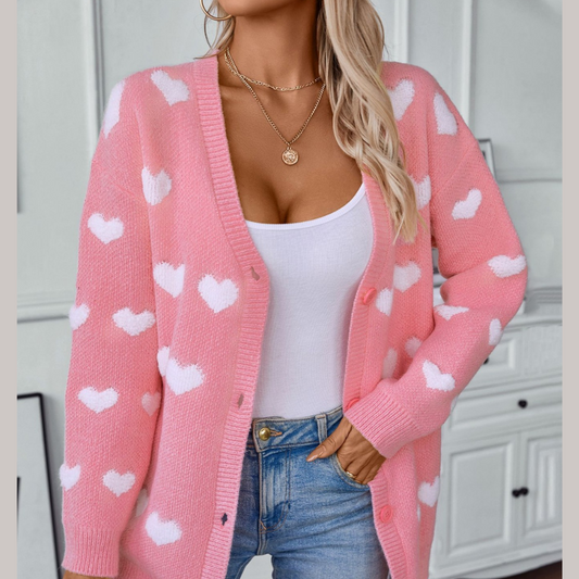 Heart V-Neck Button Up Long Sleeve Cardigan