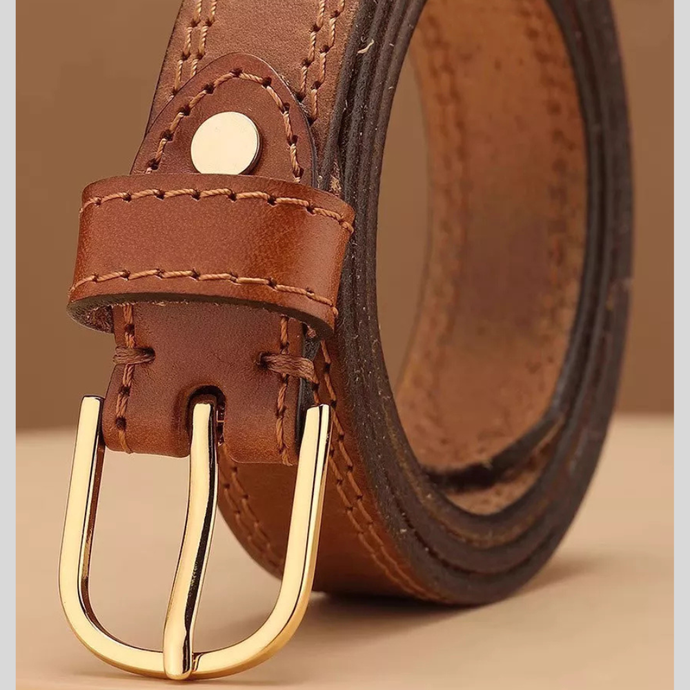 Classic Leather Belt with Golden Buckle