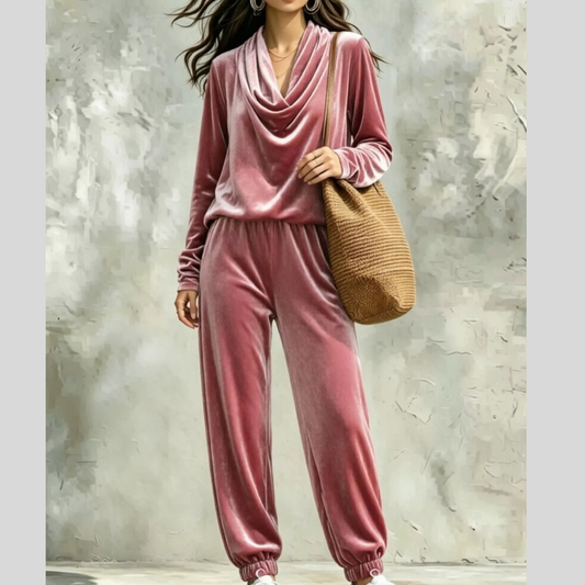 Full Size Velvet Cowl Neck Long Sleeve Top and Pants Set Plus Size