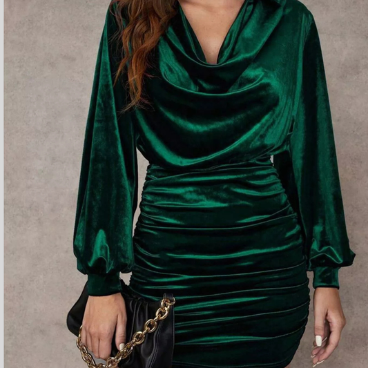 Velvet Cowl Neck Ruched Mini Dress