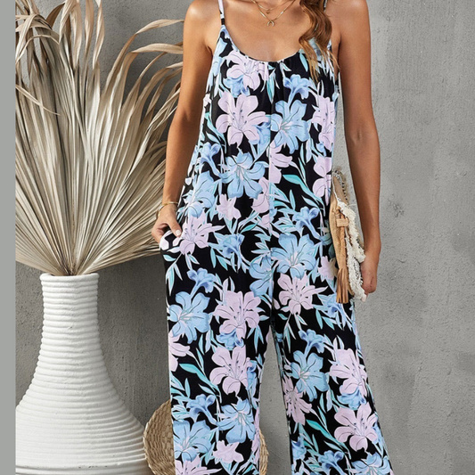 Printed Spaghetti Strap Jumpsuit with Pockets