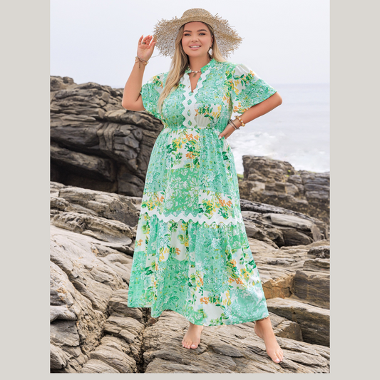 Plus Size Printed Notched Short Sleeve Maxi Dress