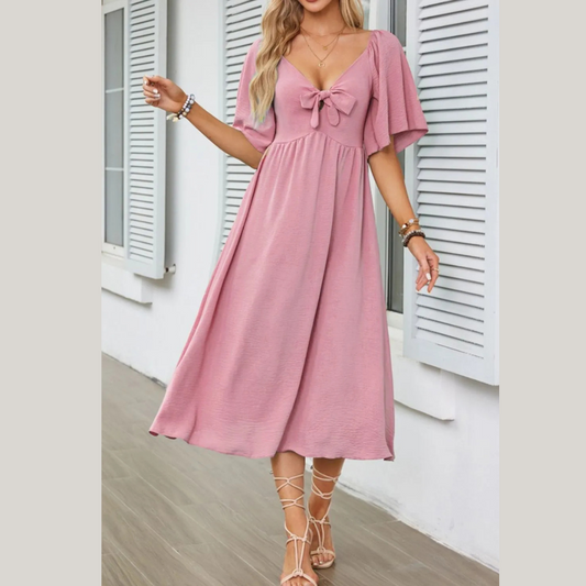 Smocked Tie Front Flutter Sleeve Midi Dress