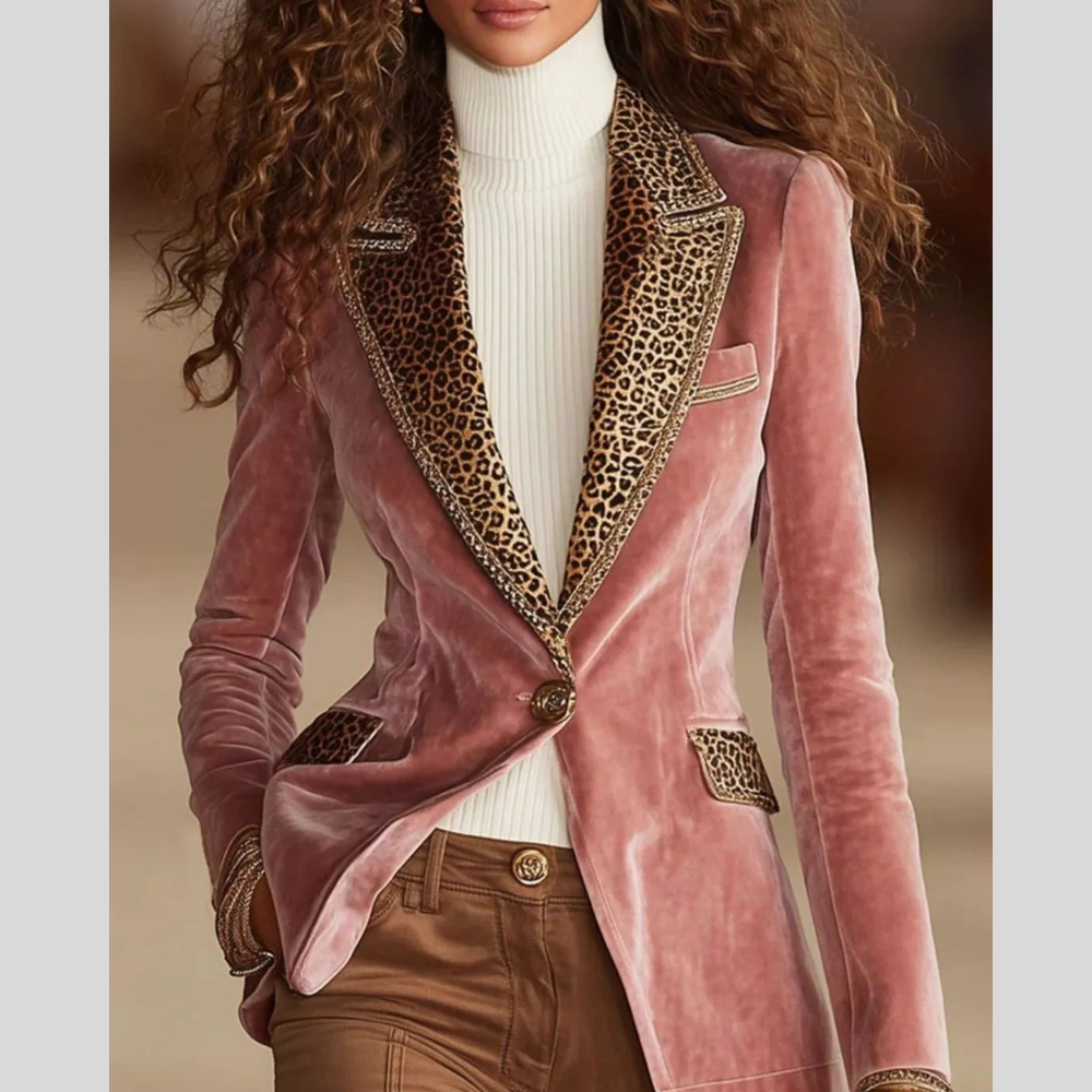 Full Size Leopard Collar One Button Blazer Plus Size