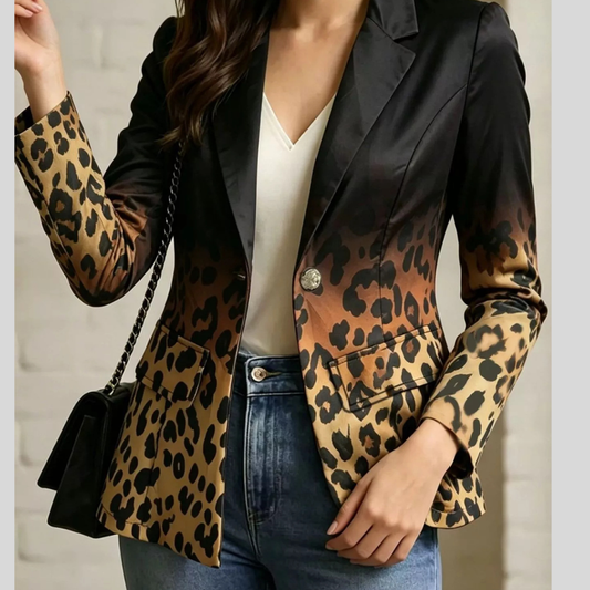Leopard Print Contrast Long Sleeve Blazer