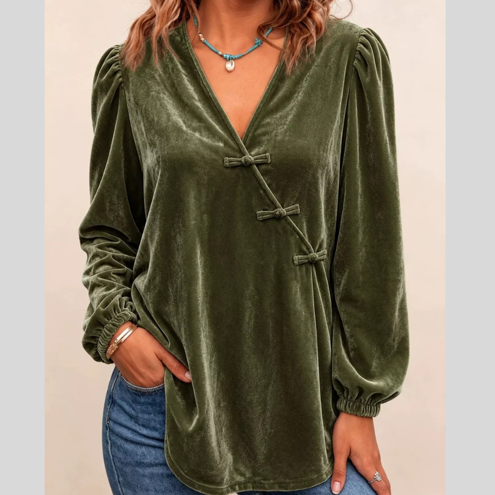 Chinese-Style Knot Buttons Velvet Blouse
