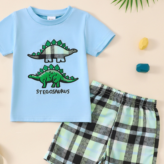 Children's Dinosaur Short Sleeve Tee & Plaid Shorts Set