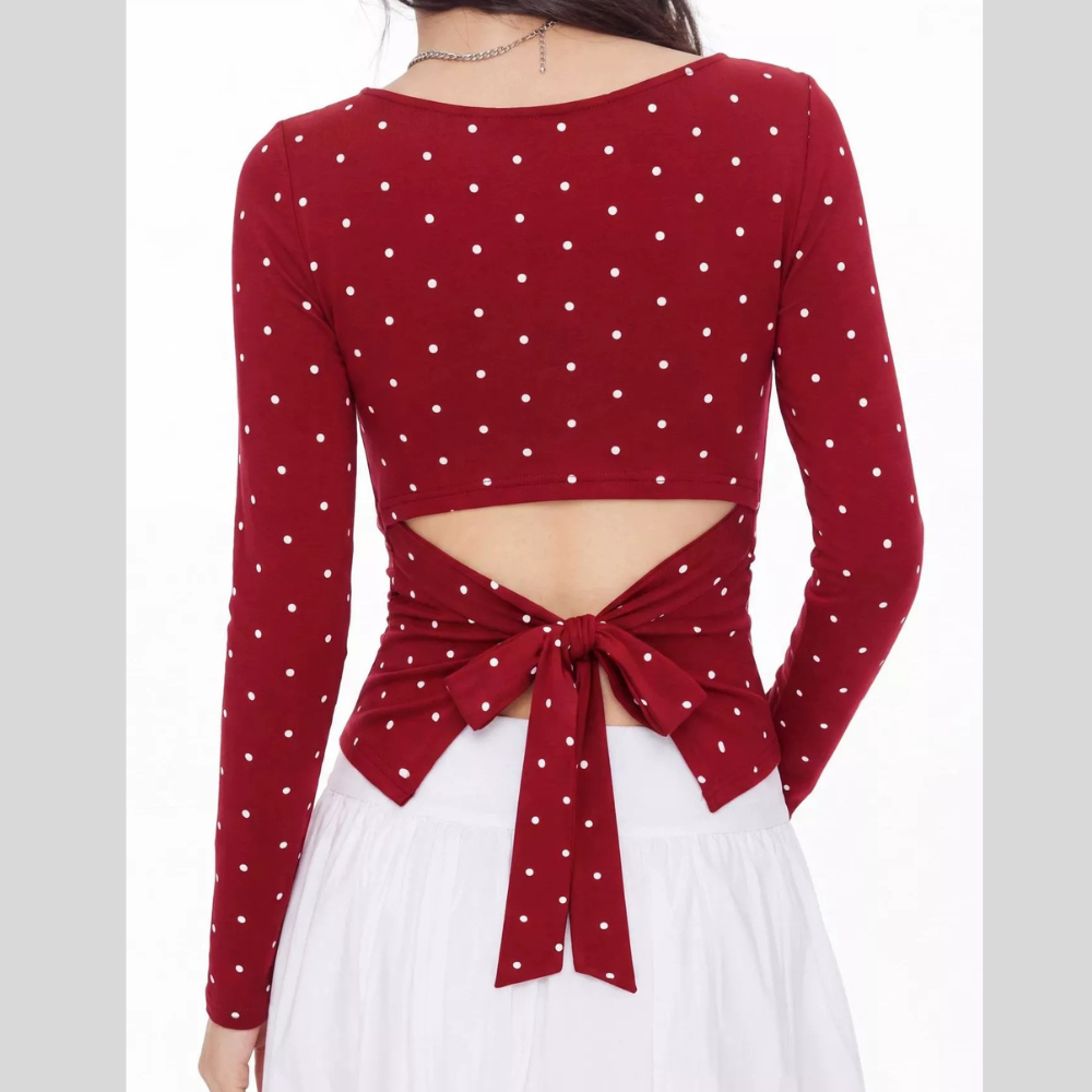 Long Sleeve Polka Dot Tie Back T-Shirt