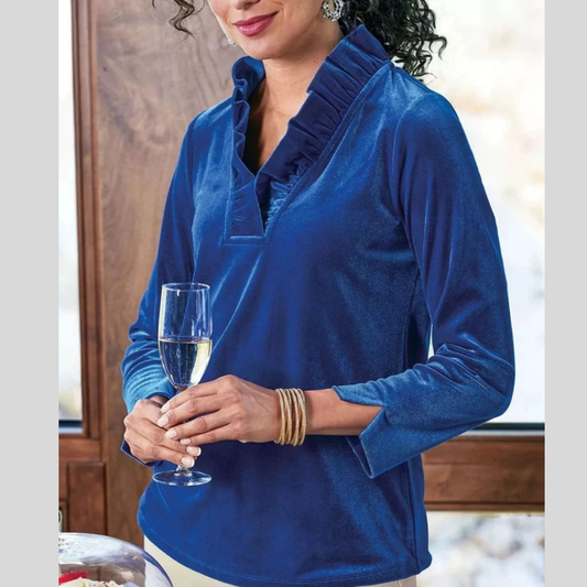 Velvet Long Sleeve Blouse with Ruffled V-Neck