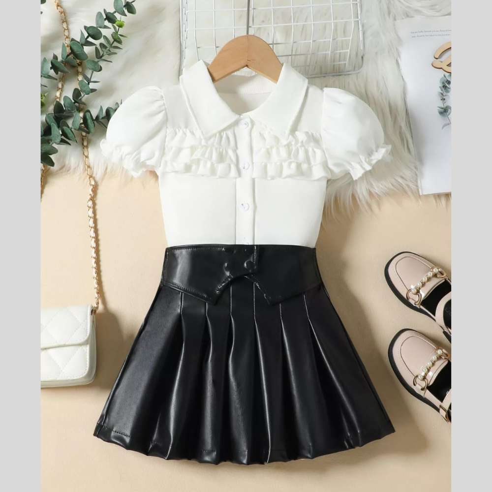 Children's Ruffle Trim Puff Sleeve Top & Pleated Skirt Set