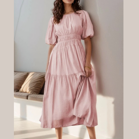 Puff Sleeve Pleated High Waist Flowy Midi Dress