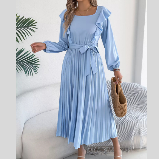 Ruffled Pleated Midi Dress with Waist Tie