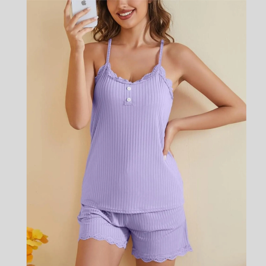 Lace-Trimmed Ribbed Cami and Shorts Lounge Set