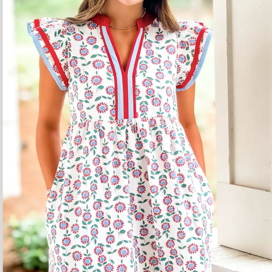 Printed Notched Cap Sleeve Dress
