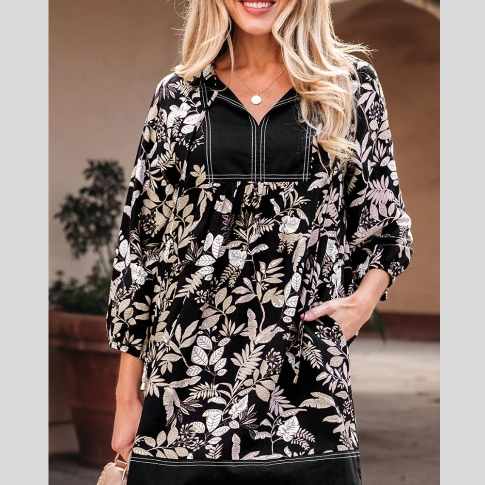 3/4 Sleeve Botanical Print Split Neck Loose Mini Dress