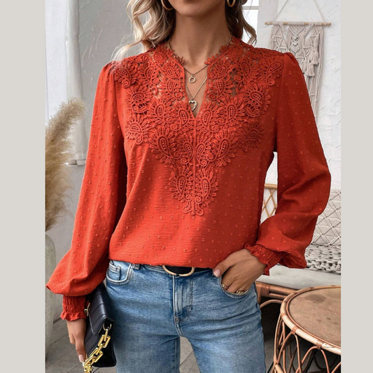 Swiss Dot Lace Detail Notched Long Sleeve Blouse