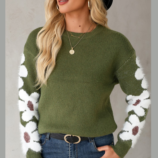 Flower Round Neck Long Sleeve Sweater